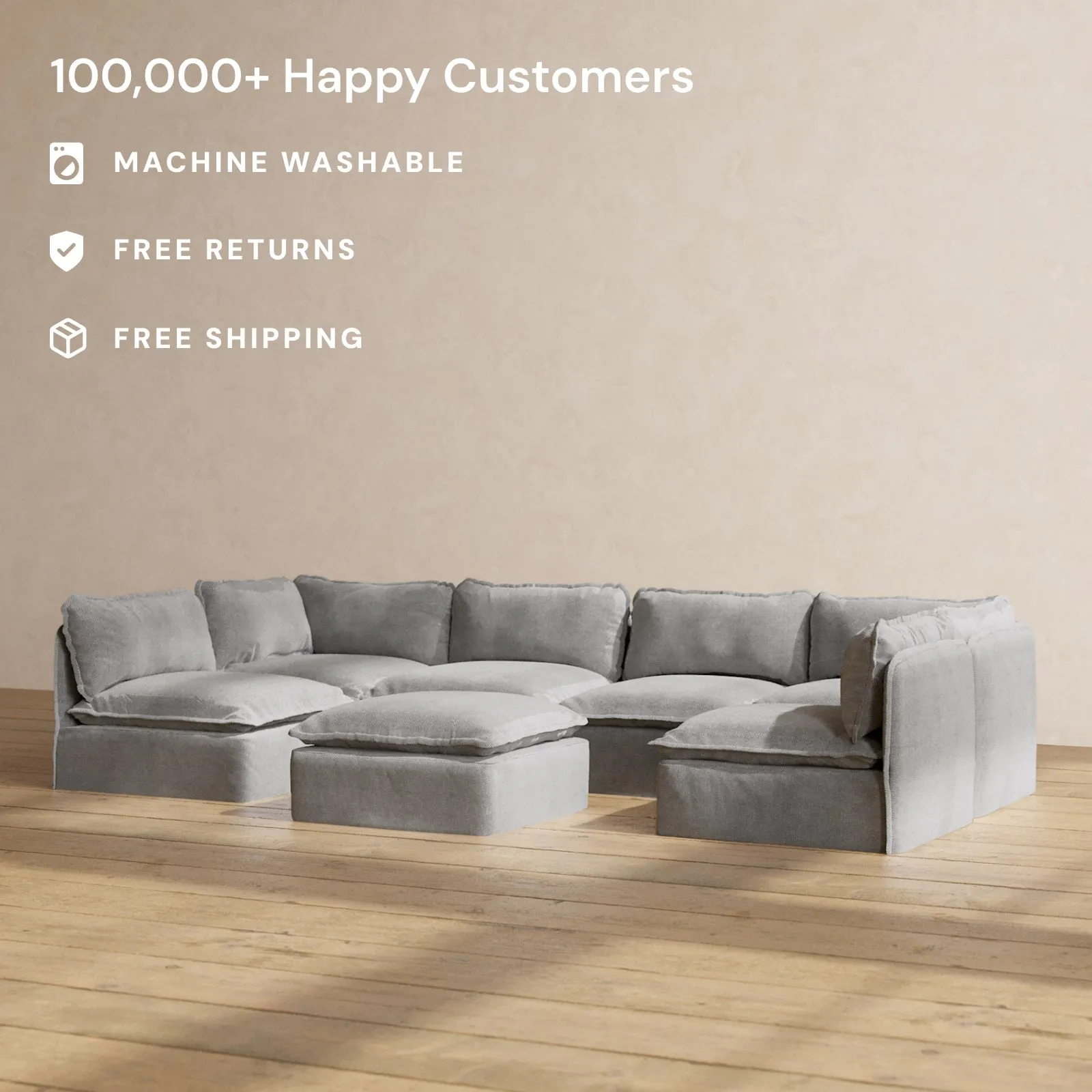 Slipcover Only - Modular Performance 6-Seater Open-Ends U-Sectional   Ottoman | Plush Weave in Ash