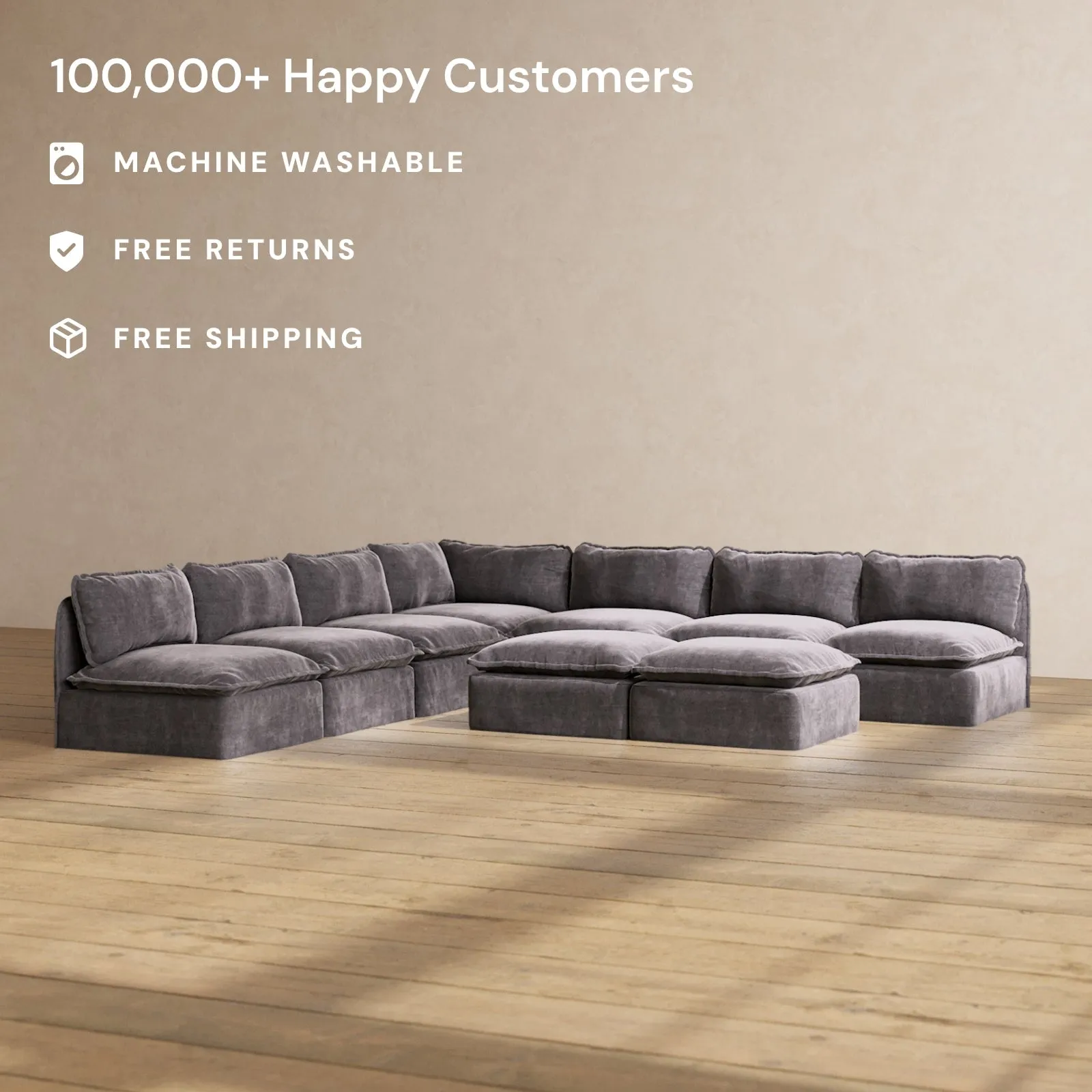 Slipcover Only - Modular Performance 7-Seater Open-Ends Corner Sectional   Bench Ottoman | Luxury Velvet in Cinder