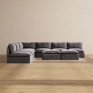 Slipcover Only - Modular Performance 7-Seater Open-Ends Corner Sectional   Bench Ottoman | Luxury Velvet in Cinder