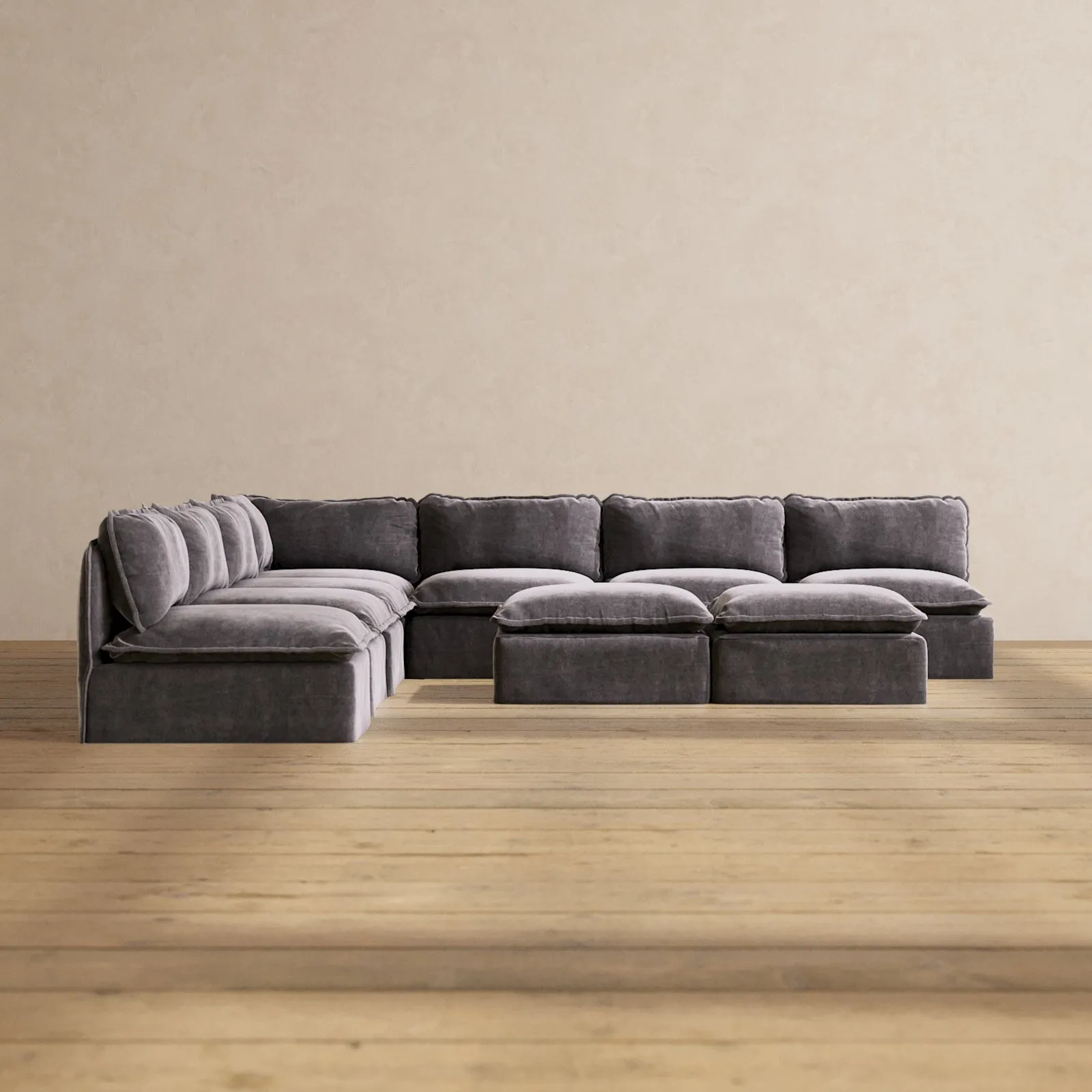 Slipcover Only - Modular Performance 7-Seater Open-Ends Corner Sectional   Bench Ottoman | Luxury Velvet in Cinder