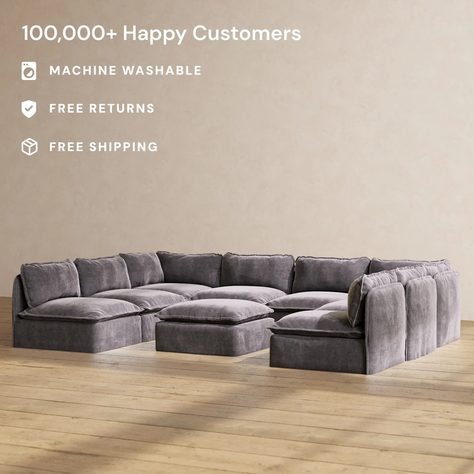 Slipcover Only - Modular Performance 8-Seater Open-Ends U-Sectional   Ottoman | Luxury Velvet in Cinder