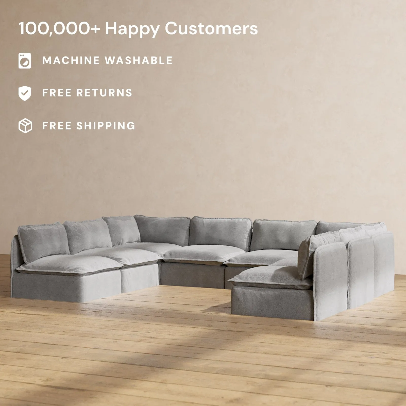 Slipcover Only - Modular Performance 8-Seater Open-Ends U-Sectional | Plush Weave in Ash