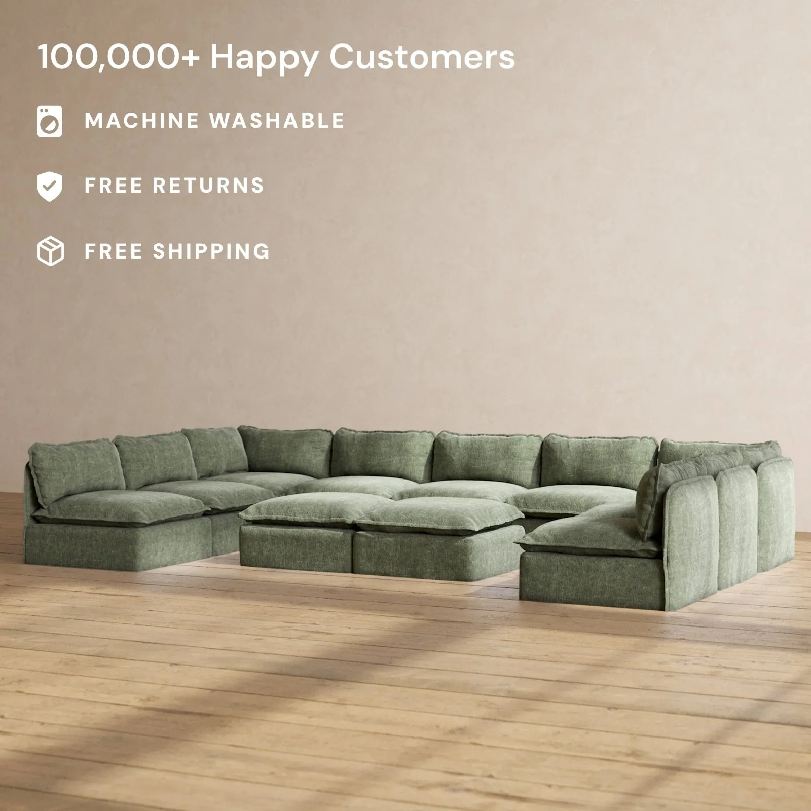 Slipcover Only - Modular Performance 9-Seater Open-Ends U-Sectional   Bench Ottoman | Heirloom Velvet in Willow
