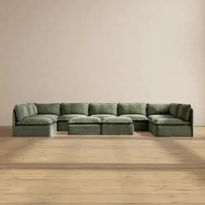 Slipcover Only - Modular Performance 9-Seater Open-Ends U-Sectional   Bench Ottoman | Heirloom Velvet in Willow