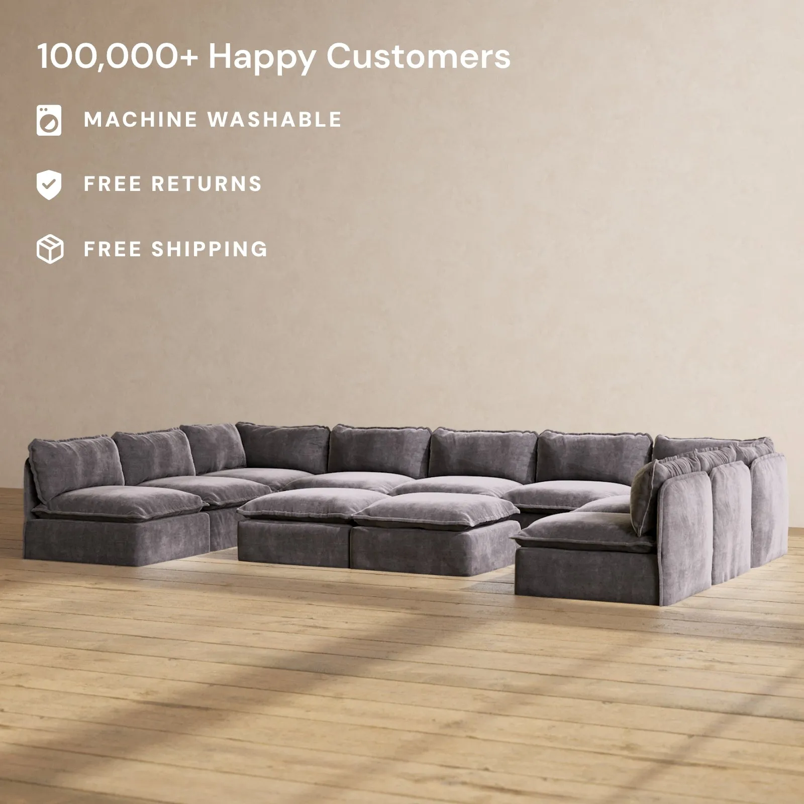 Slipcover Only - Modular Performance 9-Seater Open-Ends U-Sectional   Bench Ottoman | Luxury Velvet in Cinder