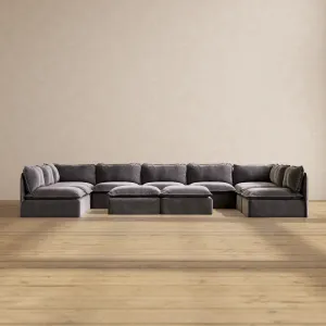 Slipcover Only - Modular Performance 9-Seater Open-Ends U-Sectional   Bench Ottoman | Luxury Velvet in Cinder
