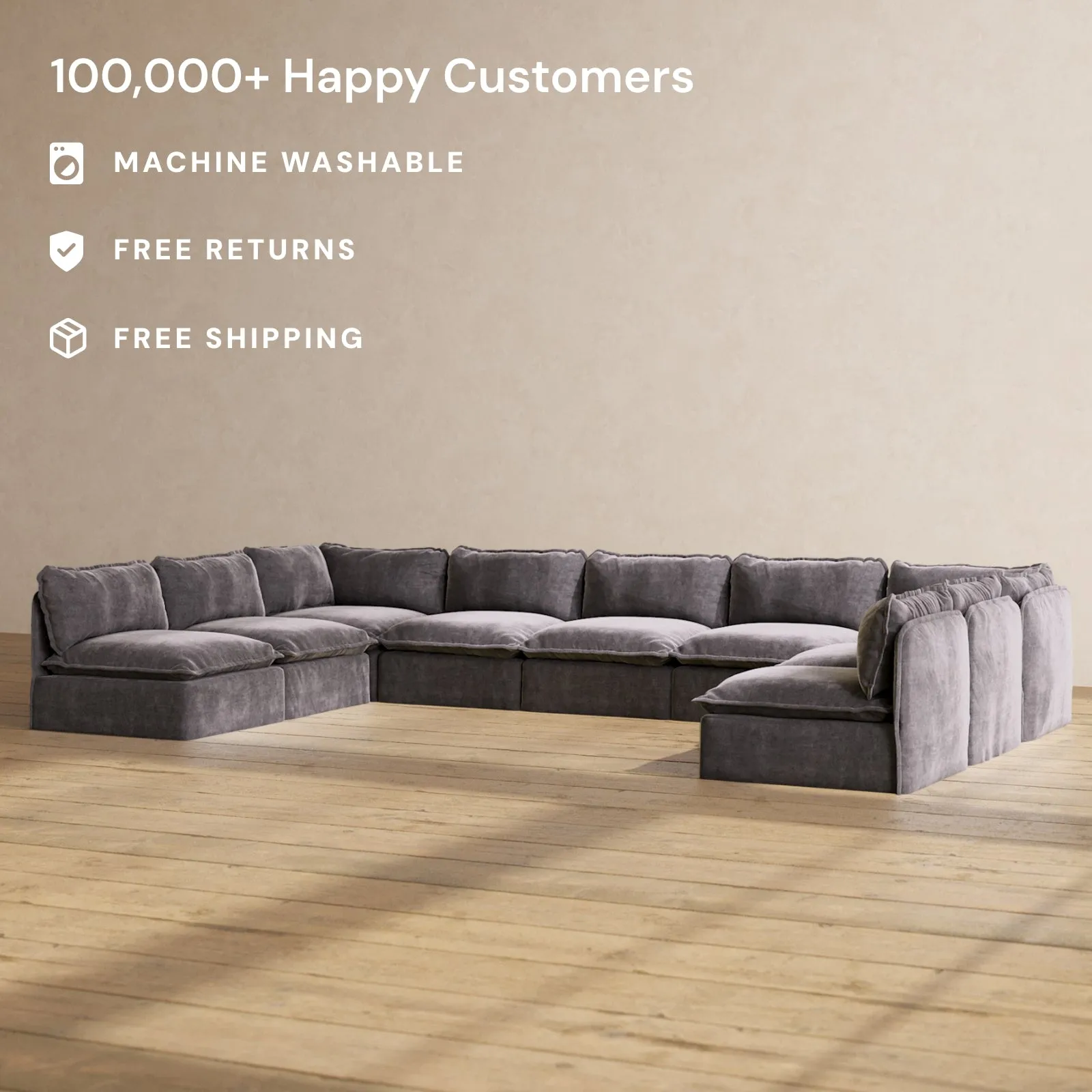 Slipcover Only - Modular Performance 9-Seater Open-Ends U-Sectional | Luxury Velvet in Cinder