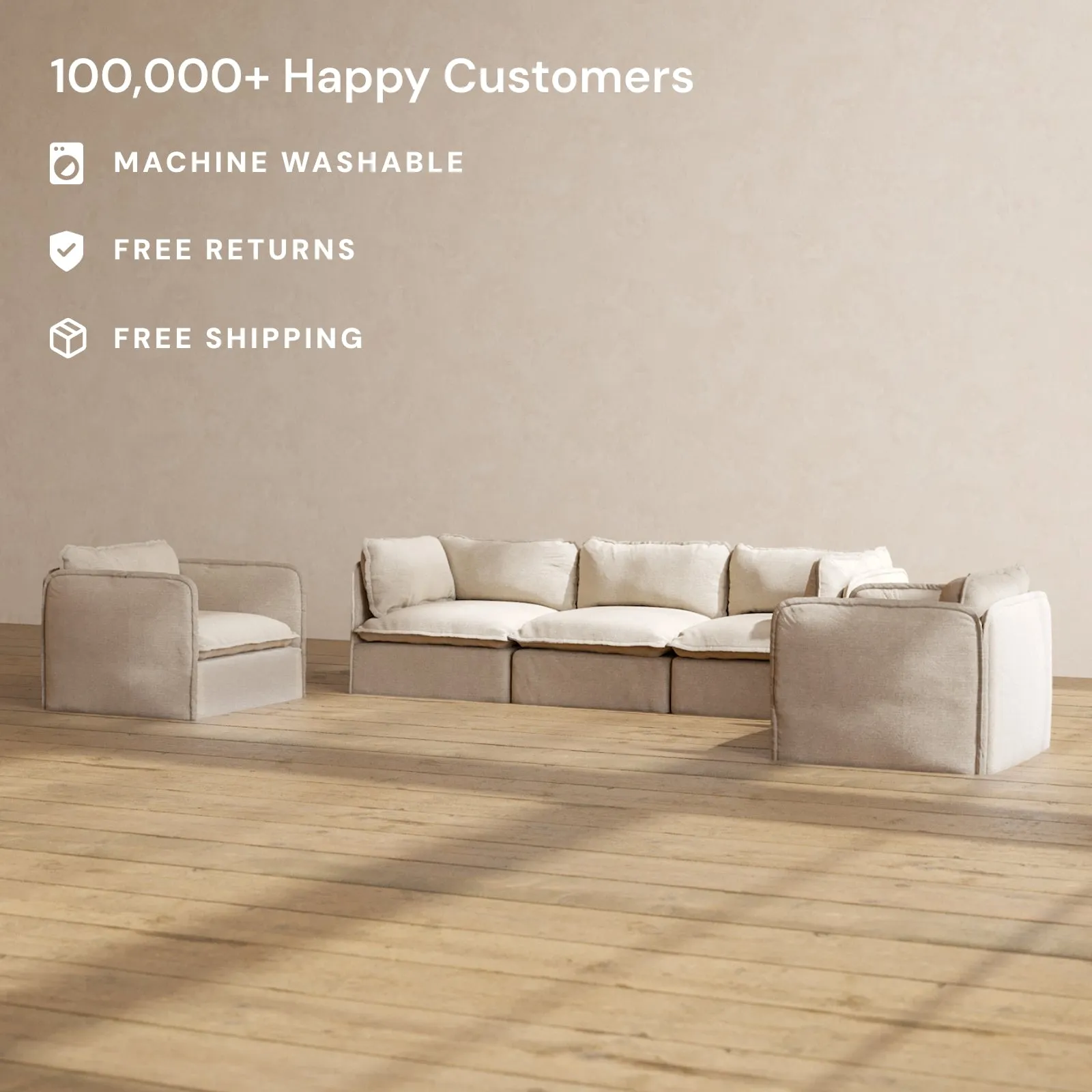 Slipcover Only - Modular Washable 3-Seater Sofa   Armchair Set in Oat