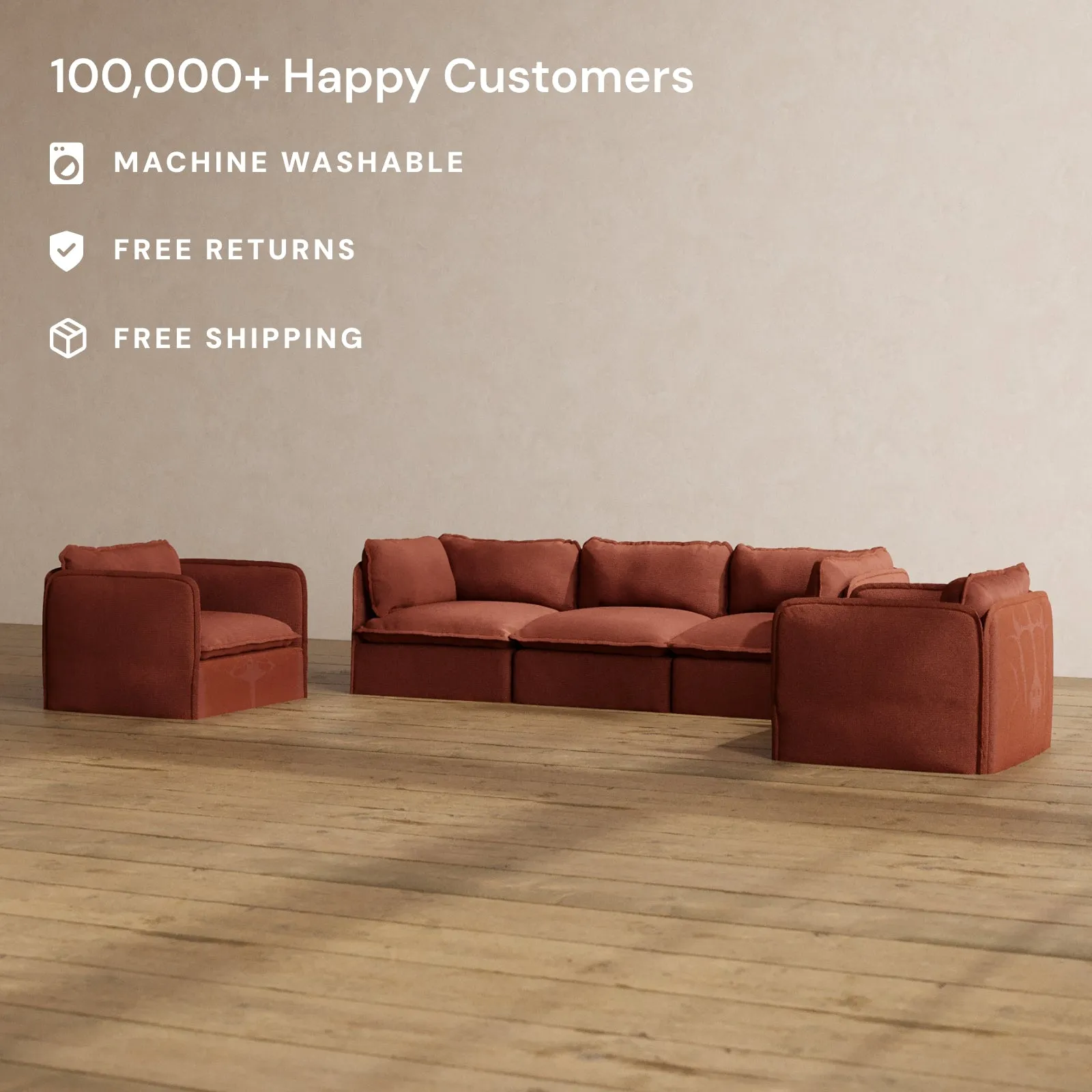 Slipcover Only - Modular Washable 3-Seater Sofa   Armchair Set in Rust