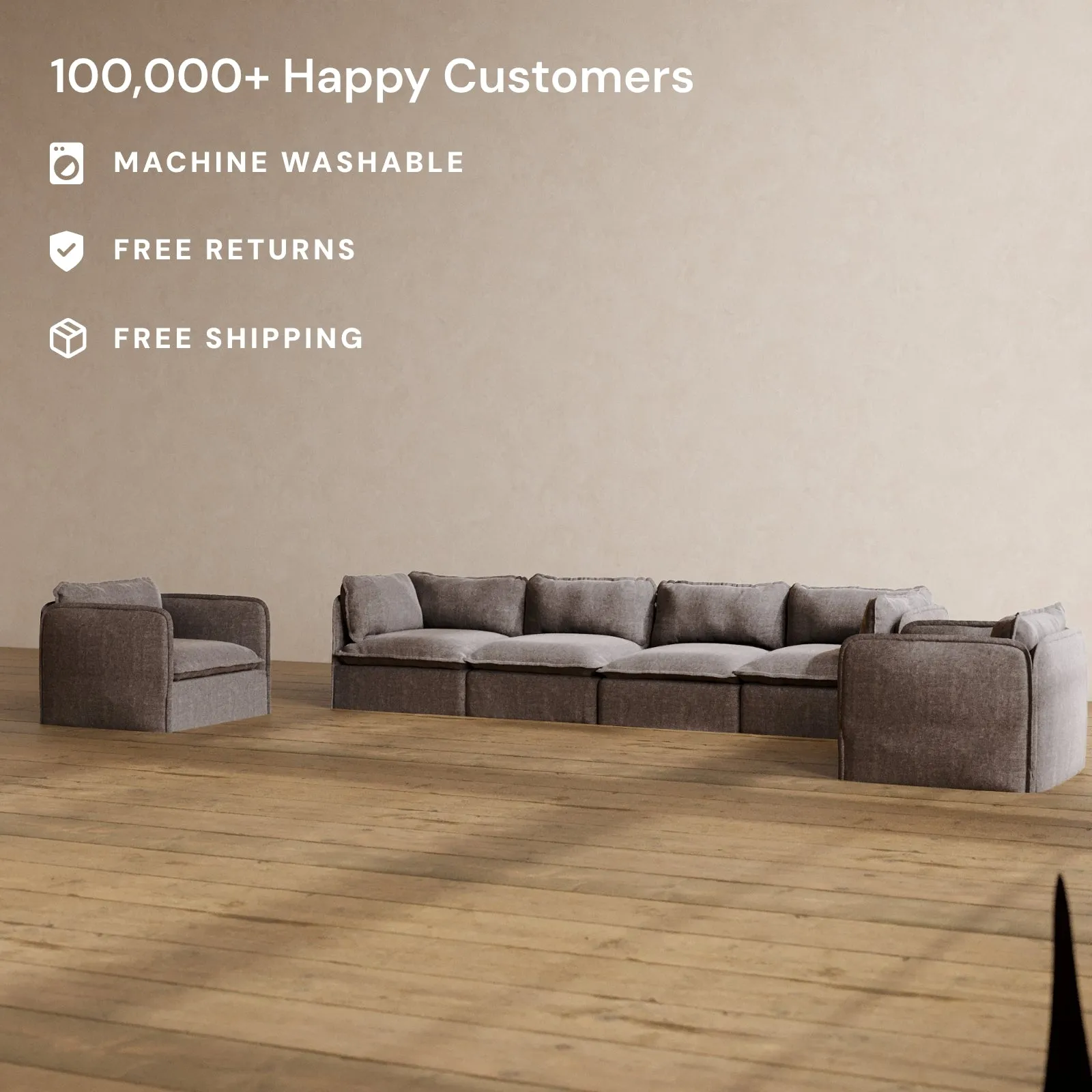 Slipcover Only - Modular Washable 4-Seater Sofa   Armchair Set in Caviar