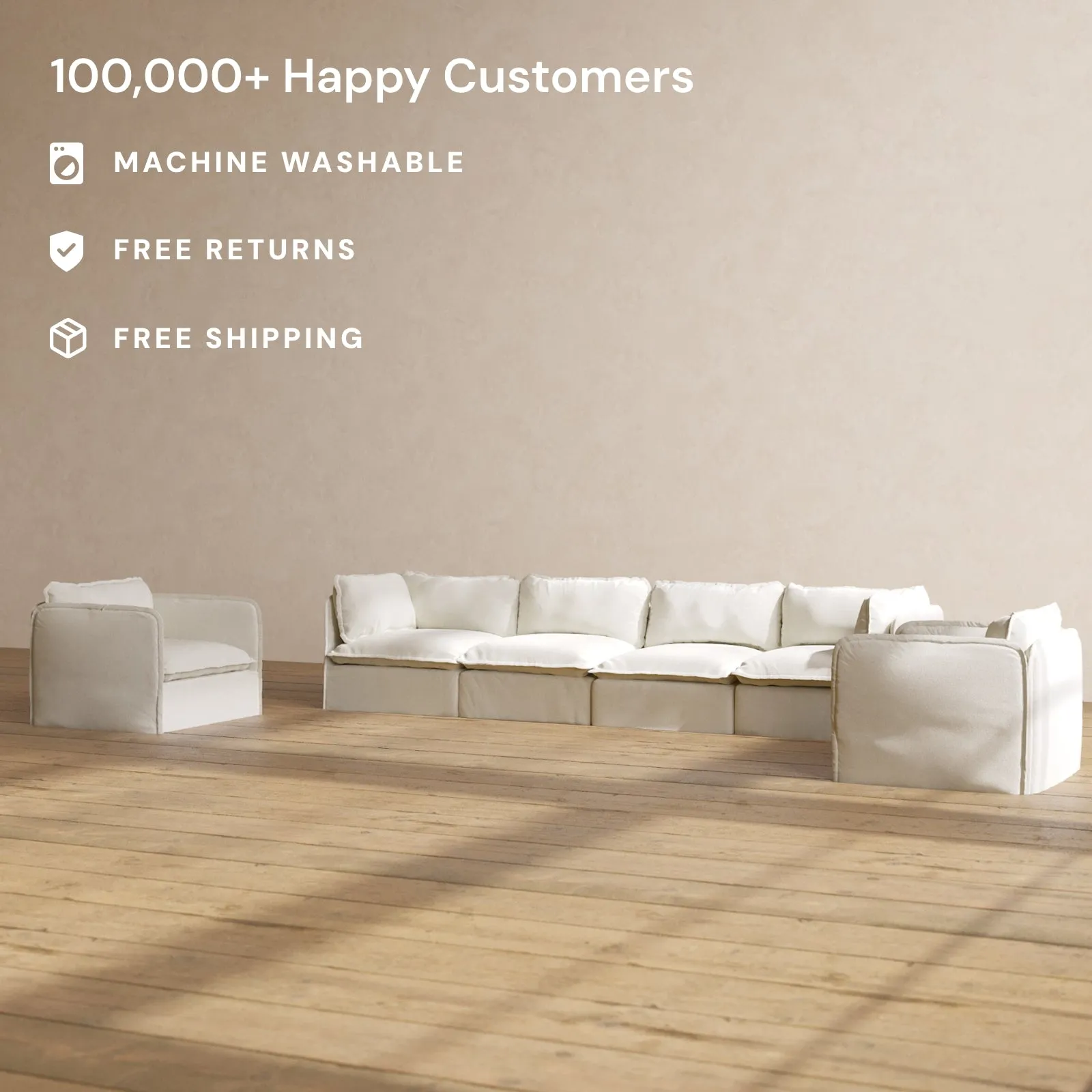 Slipcover Only - Modular Washable 4-Seater Sofa   Armchair Set in Eggshell
