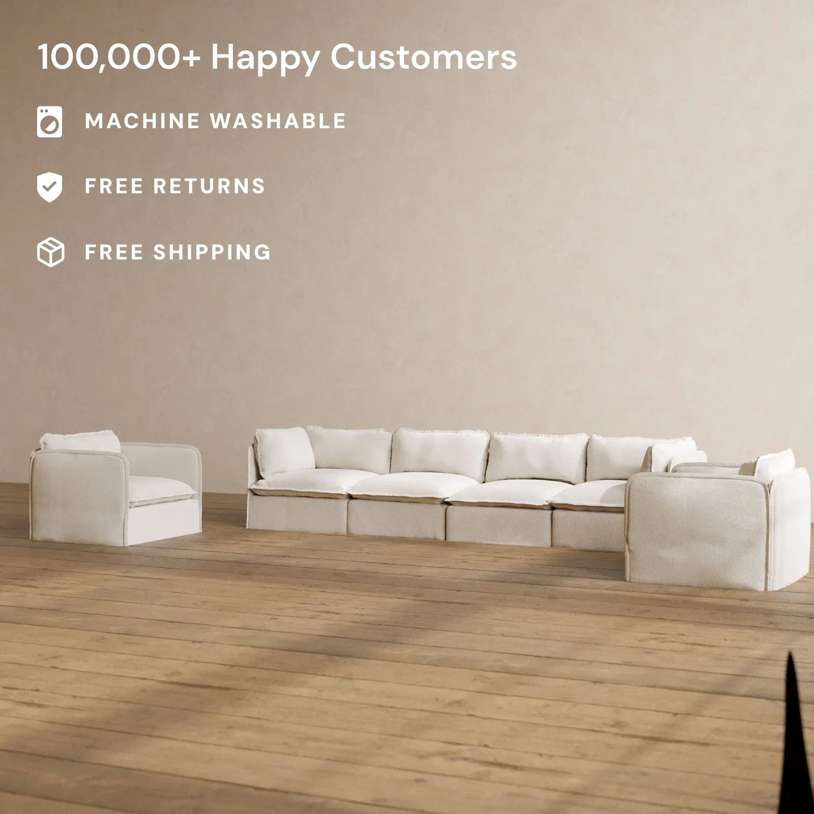 Slipcover Only - Modular Washable 4-Seater Sofa   Armchair Set in Powder