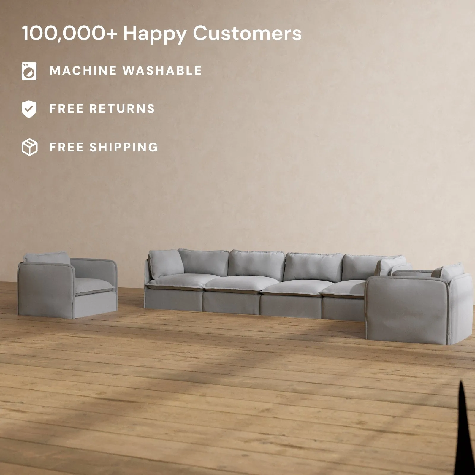 Slipcover Only - Modular Washable 4-Seater Sofa   Armchair Set in Pumice