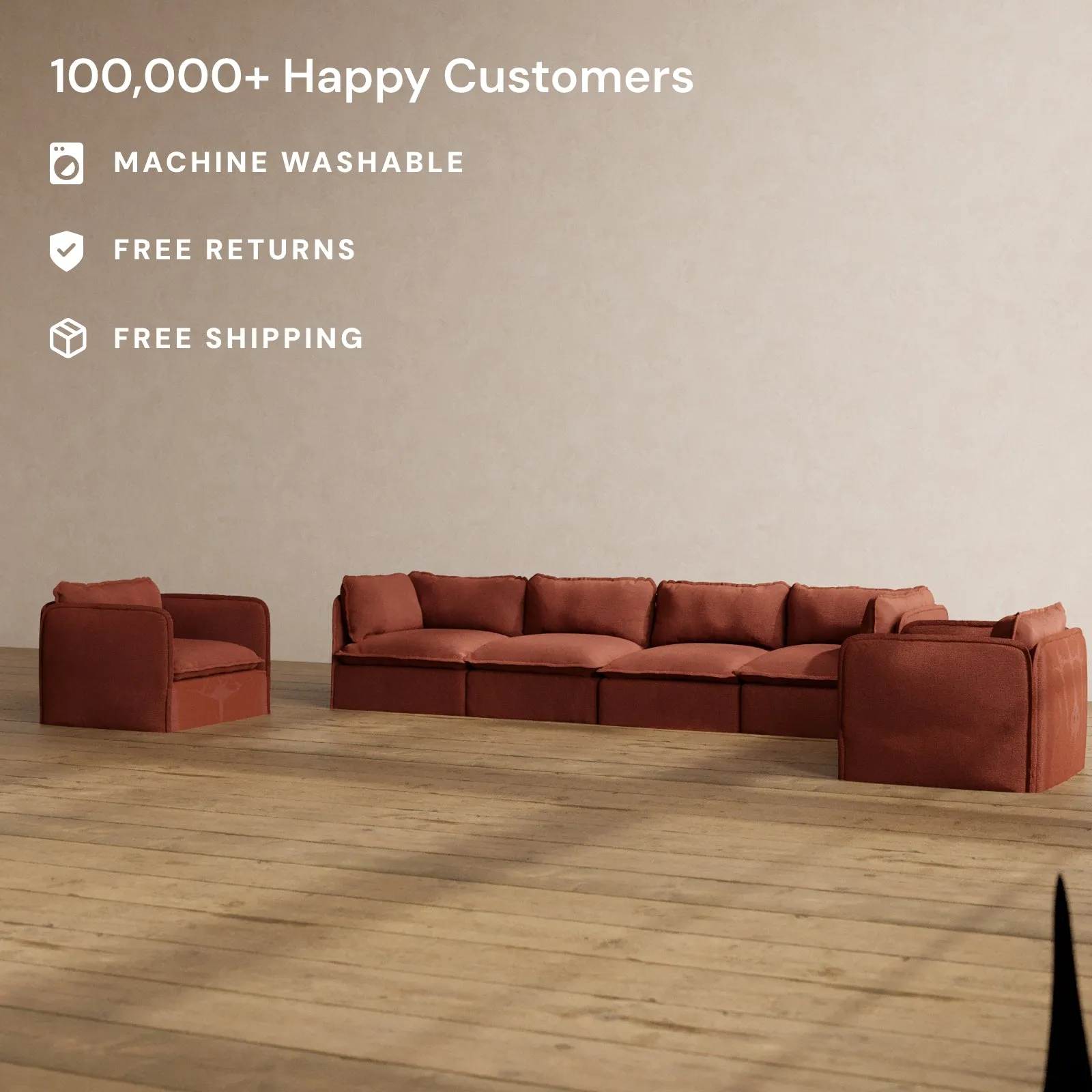 Slipcover Only - Modular Washable 4-Seater Sofa   Armchair Set in Rust