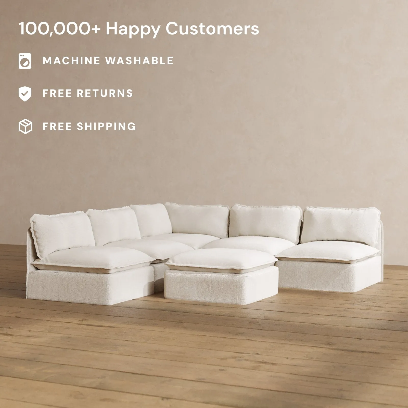 Slipcover Only - Modular Washable 5-Seater Open-Ends Corner Sectional   Ottoman in Powder