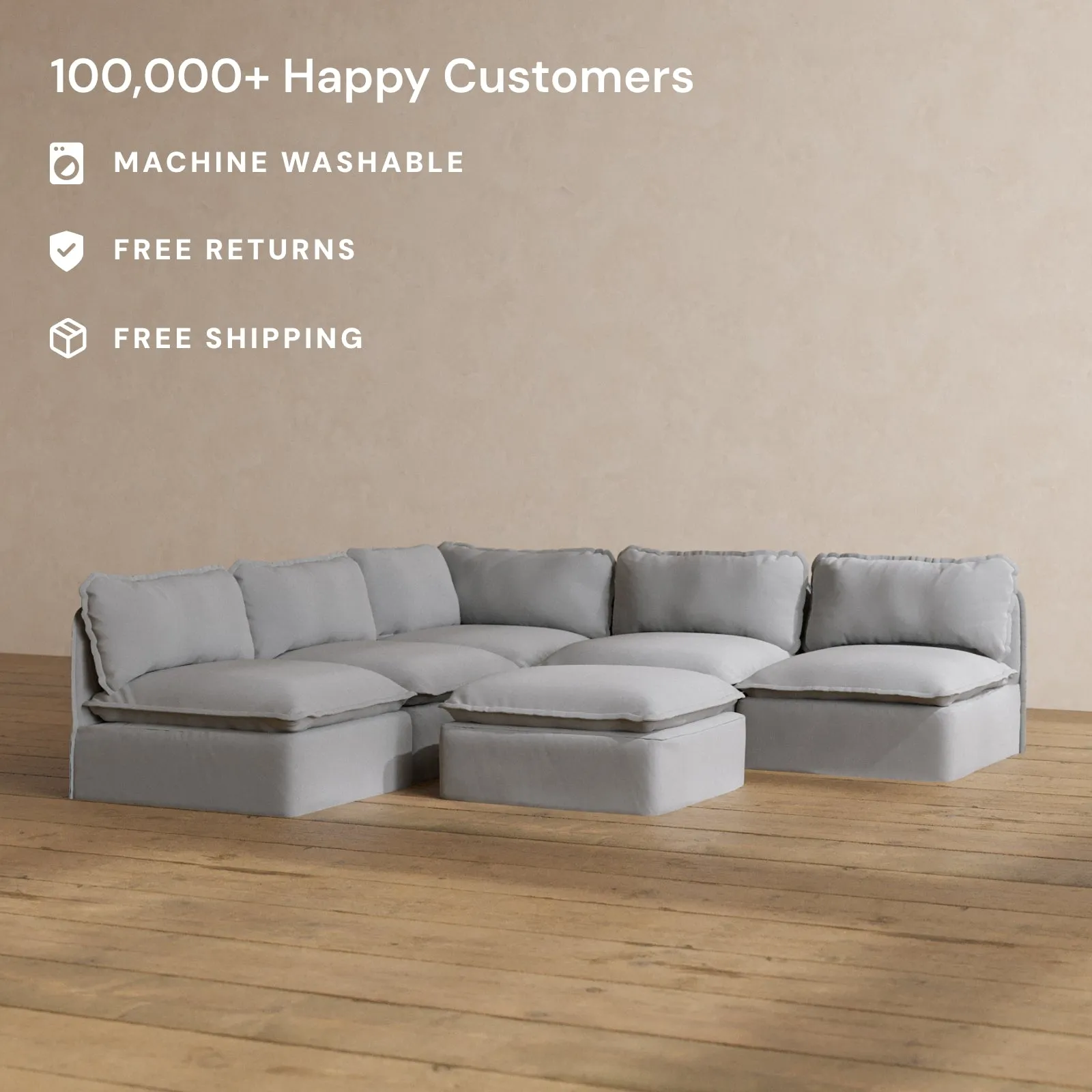 Slipcover Only - Modular Washable 5-Seater Open-Ends Corner Sectional   Ottoman in Pumice
