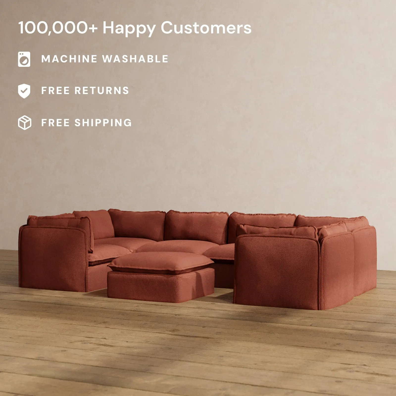 Slipcover Only - Modular Washable 6-Seater U-Sectional   Ottoman in Rust