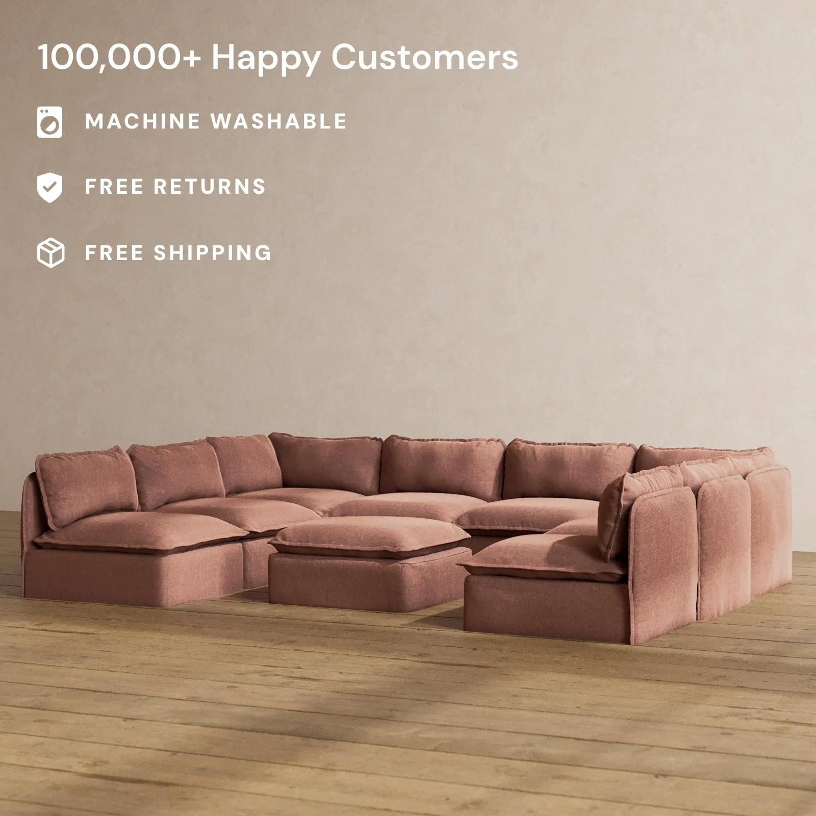 Slipcover Only - Modular Washable 8-Seater Open-Ends U-Sectional   Ottoman in Chestnut