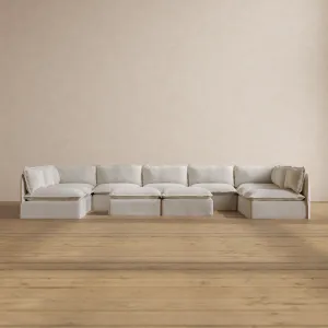 Slipcover Only - Modular Washable 9-Seater Open-Ends U-Sectional   Bench Ottoman in Powder