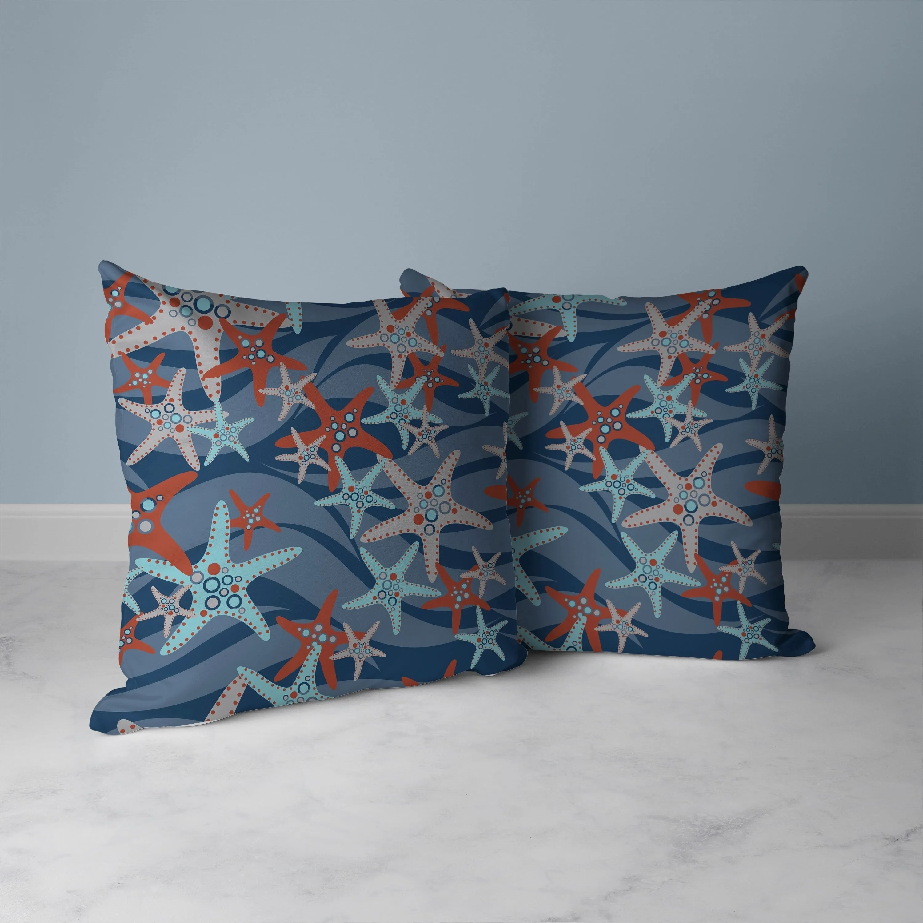 Starfish Sway Faux Suede Reversible Throw Pillow Blue and Orange