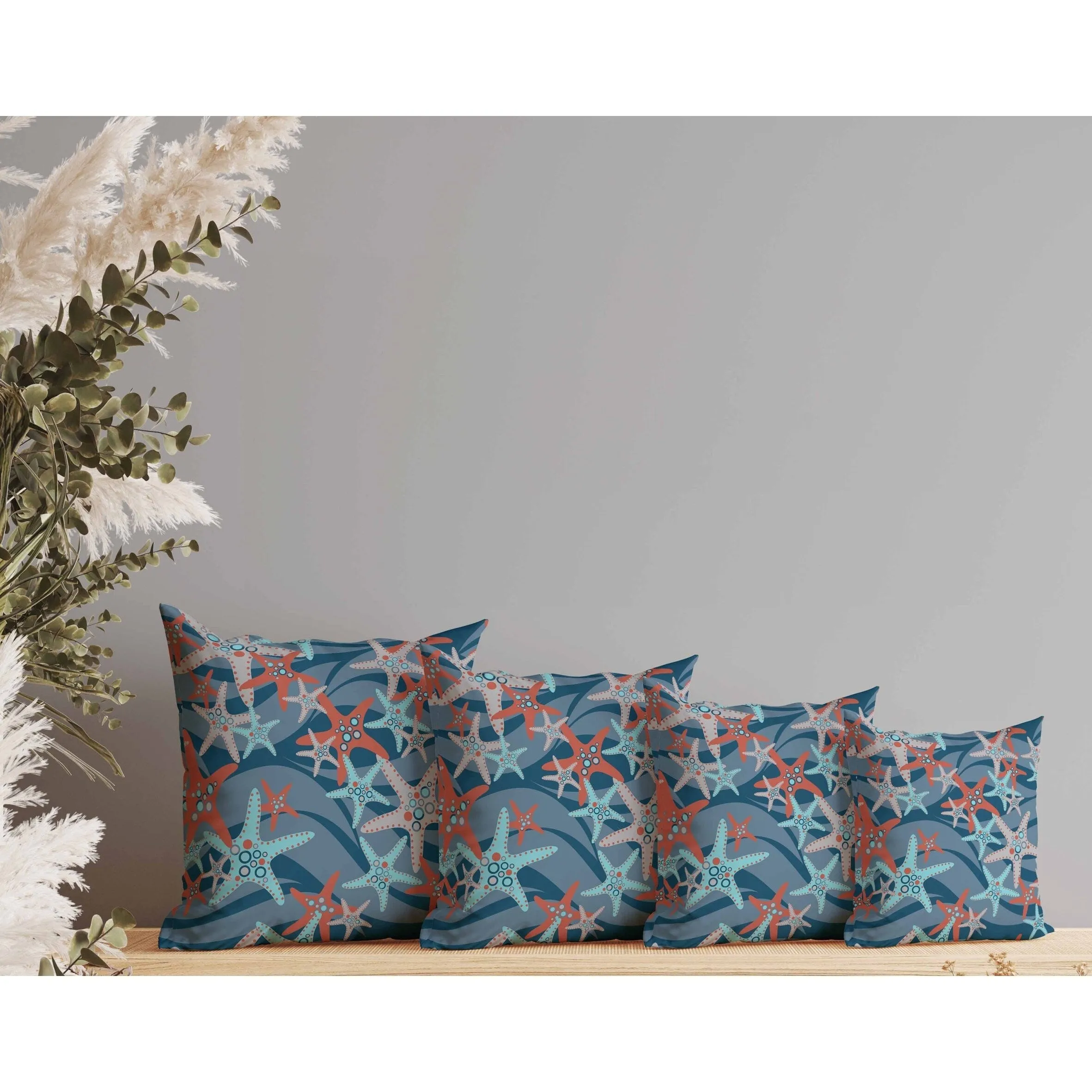 Starfish Sway Faux Suede Reversible Throw Pillow Blue and Orange