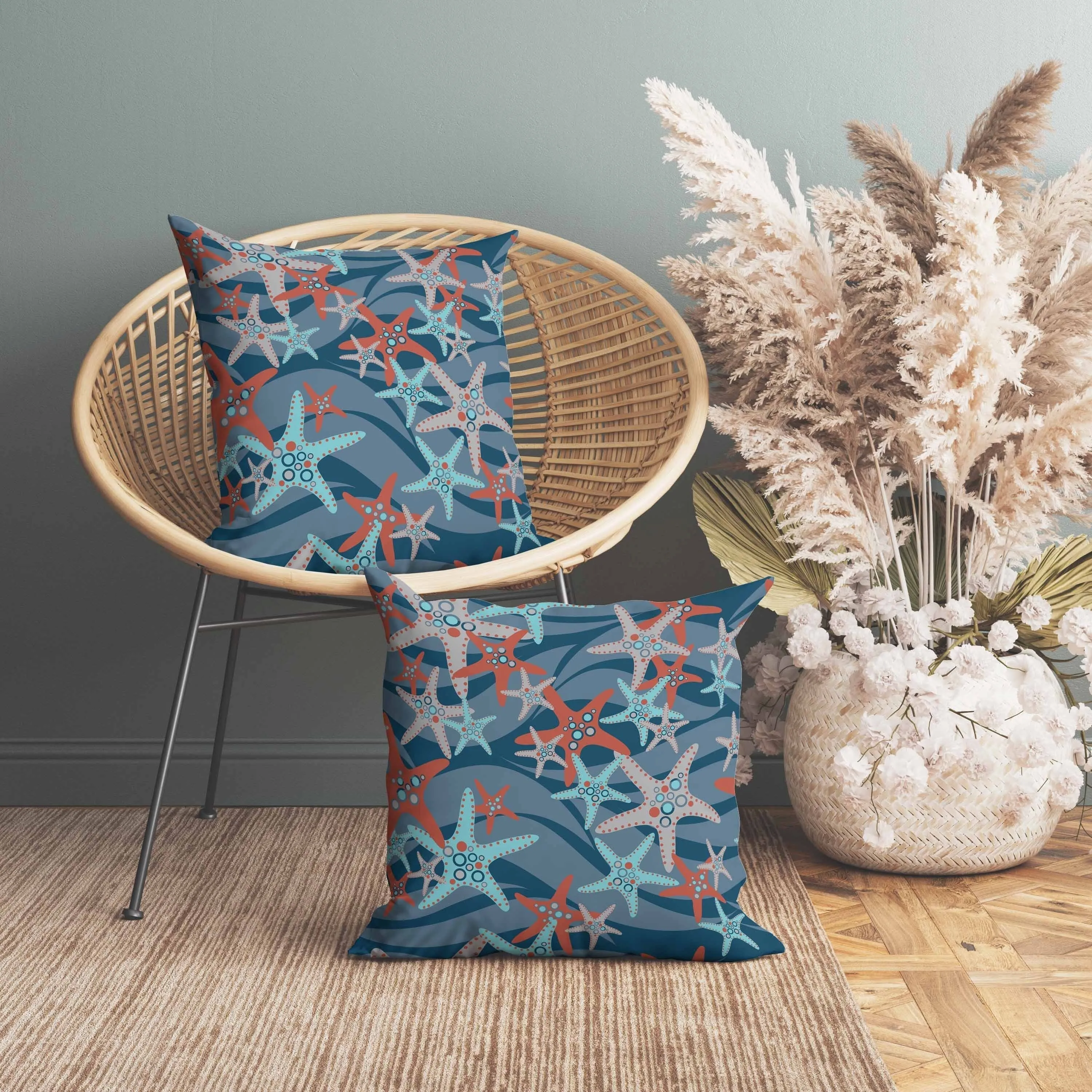 Starfish Sway Faux Suede Reversible Throw Pillow Blue and Orange