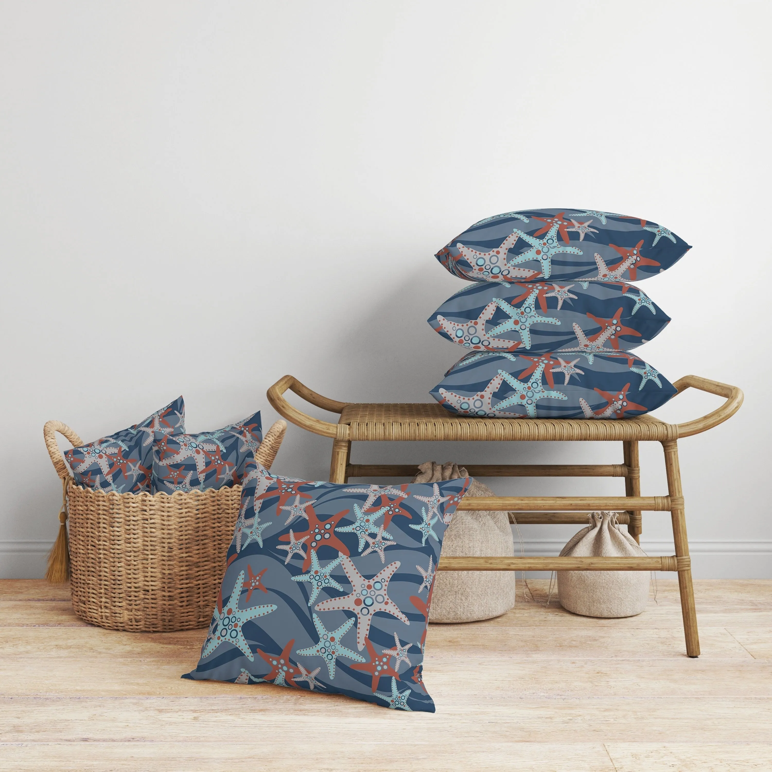 Starfish Sway Faux Suede Reversible Throw Pillow Blue and Orange
