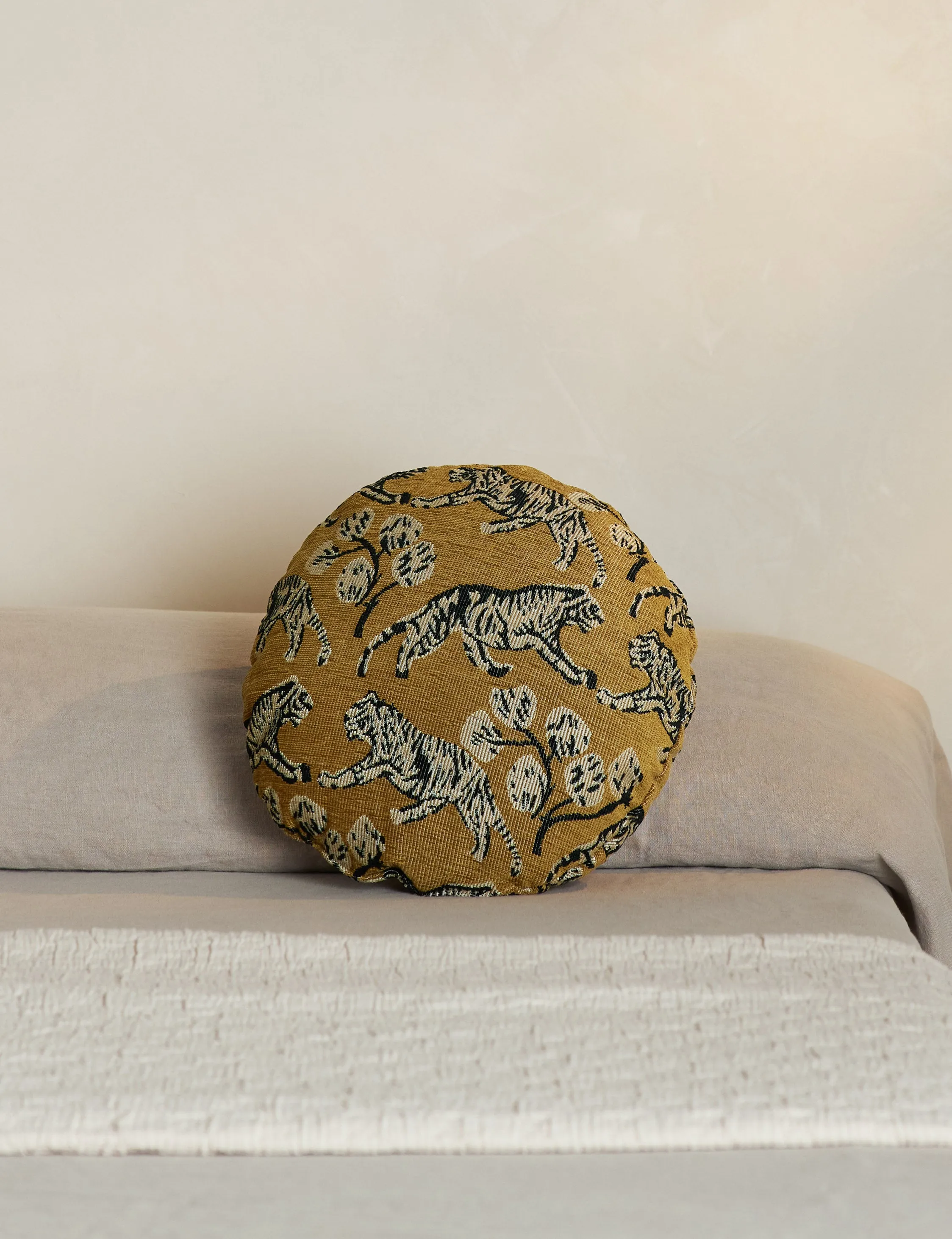 Tiger Jacquard Round Pillow by Sarah Sherman Samuel
