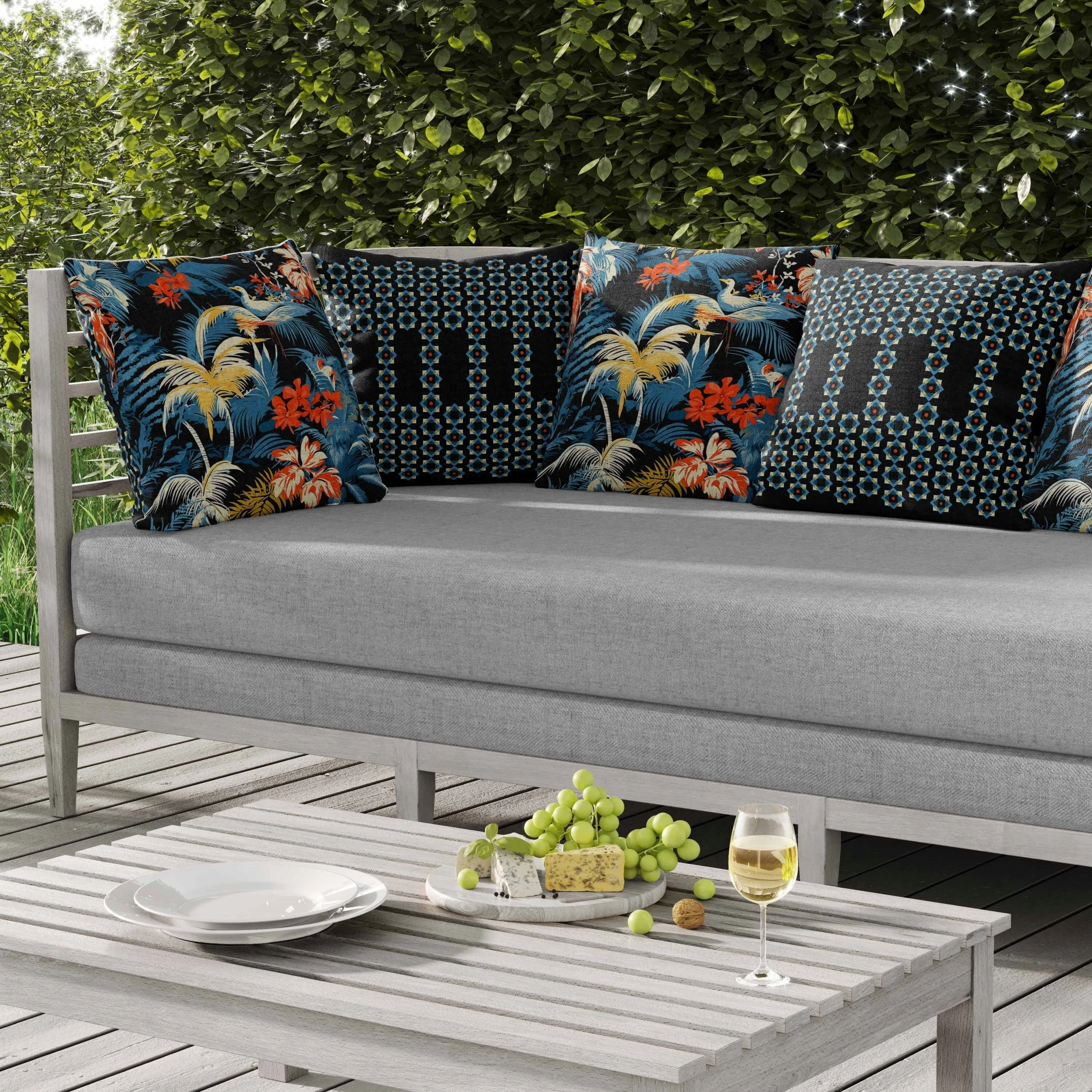 Tropi Chirp Indoor/Outdoor Reversible Throw Pillow Black and Blue