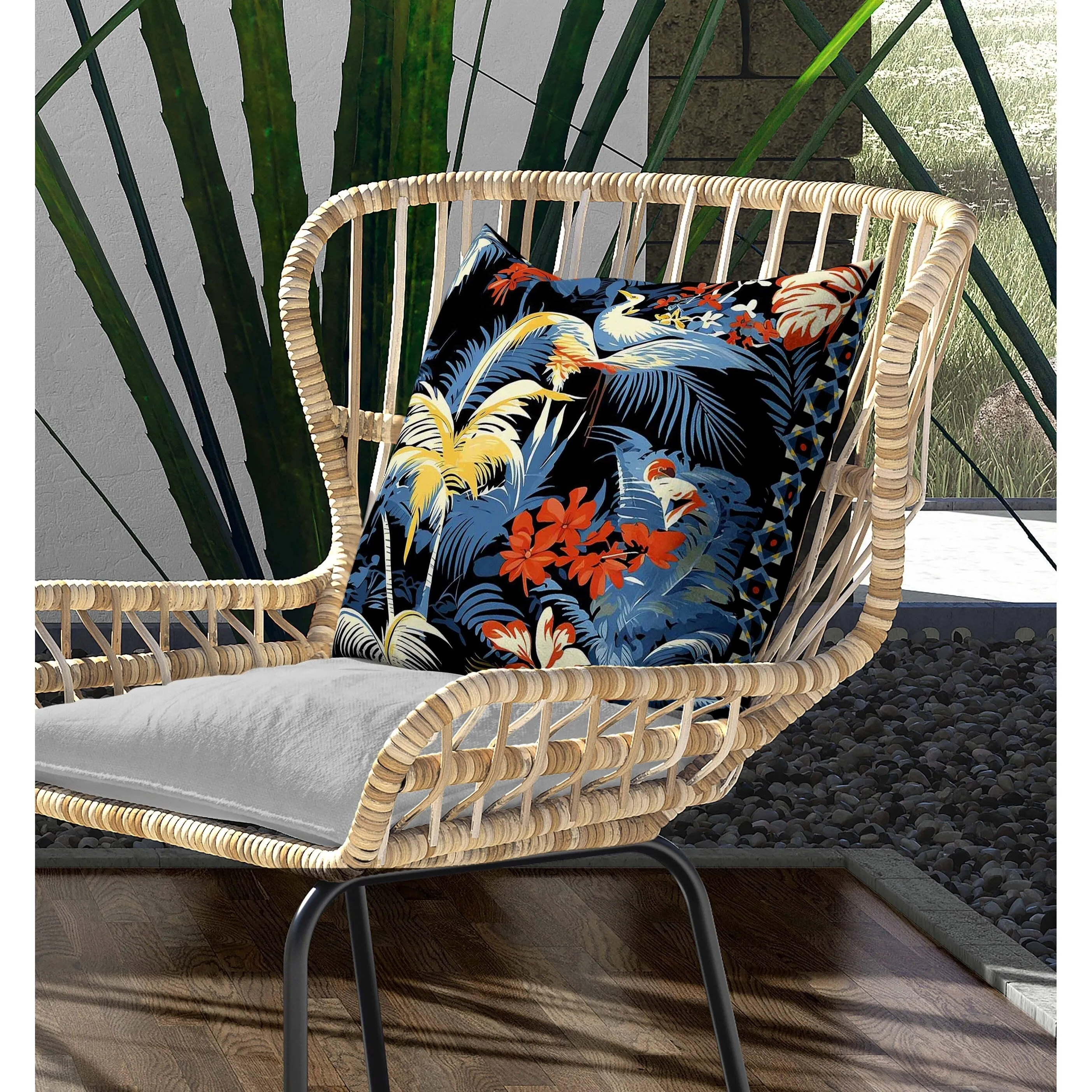 Tropi Chirp Indoor/Outdoor Reversible Throw Pillow Black and Blue