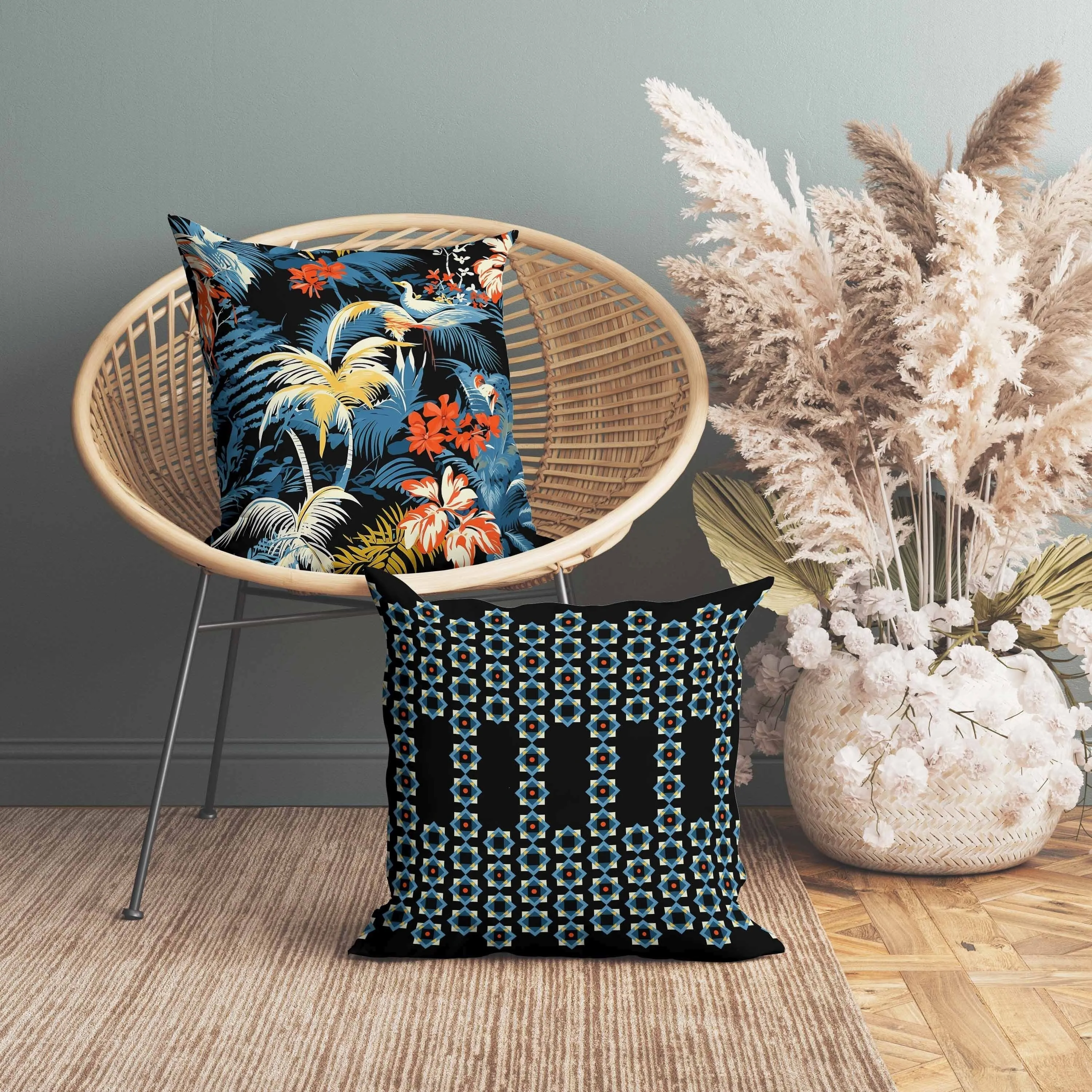 Tropi Chirp Indoor/Outdoor Reversible Throw Pillow Black and Blue